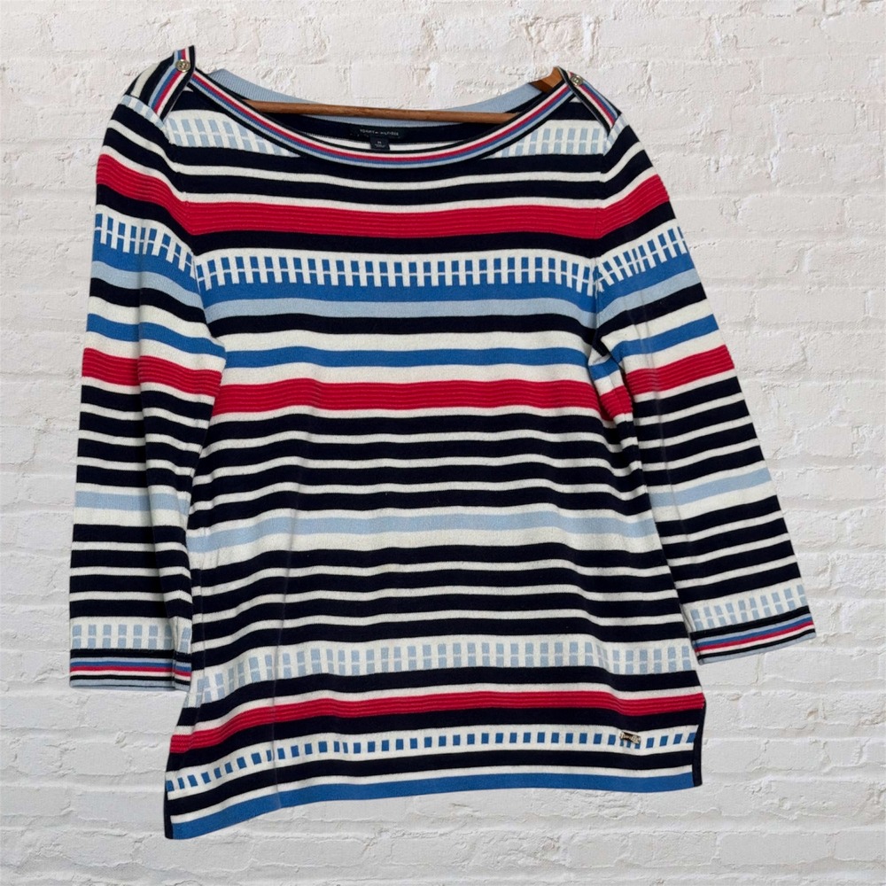 Tommy Hilfiger Womens Striped Boat Neck Sweater Navy Red Blue Button Shoulder M